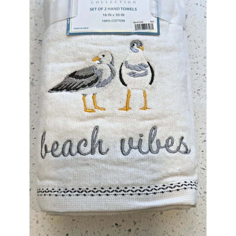 Shoreline Seagulls Beach Vibes Hand Towels Embroidered Bathroom Summer Set of 2